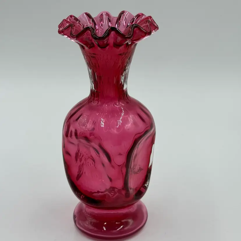 Fenton Cranberry Glass Pinched Coin Dot Vintage 7" Vase Ruffled Rim