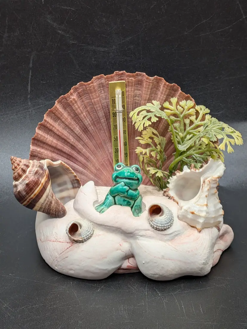 Vintage MCM Kitsch Florida Frog Nautical Beach Seashell Thermometer Desk Decor