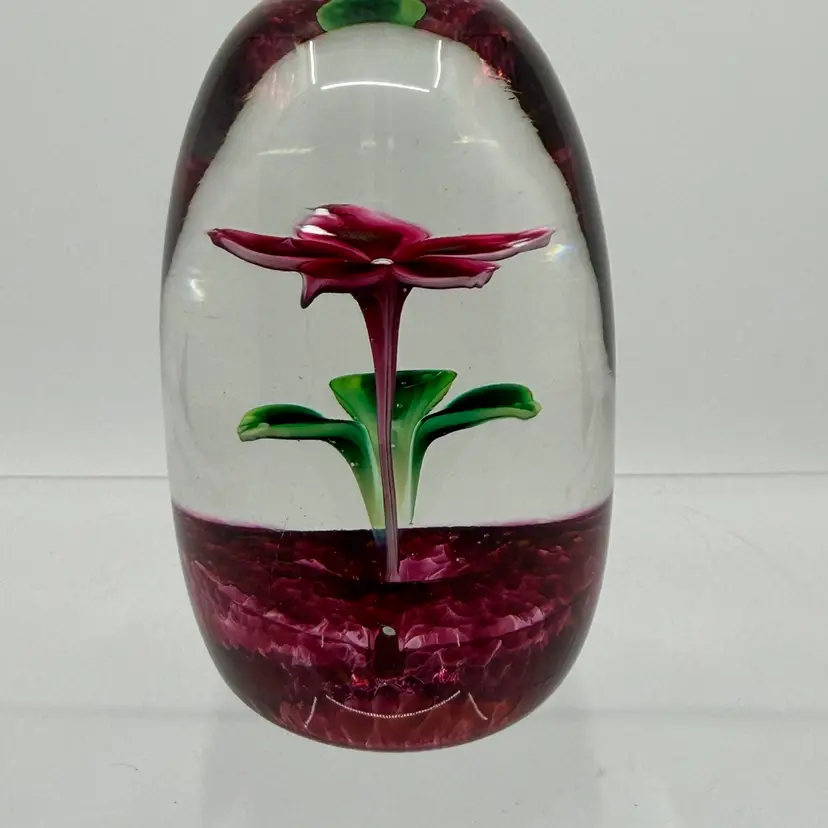 Vintage Stratpearn Glass Ovoid Red Flower Paperweight 3.25”