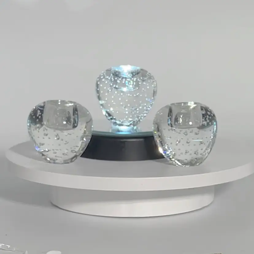 #232- Paperweight Candle Holder 3pc Art Glass Bullicante’  Clear Smooth Bottom Apple Strawberry Shape Taper Holder