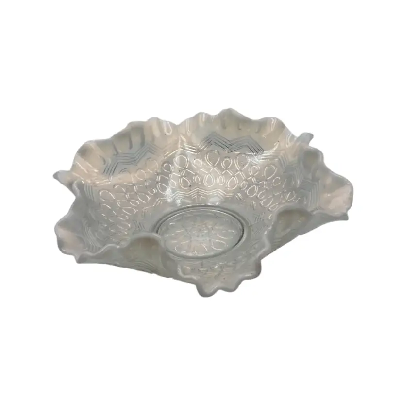 Jefferson Glass opalescent glass bowl with a ruffled crimped edge.