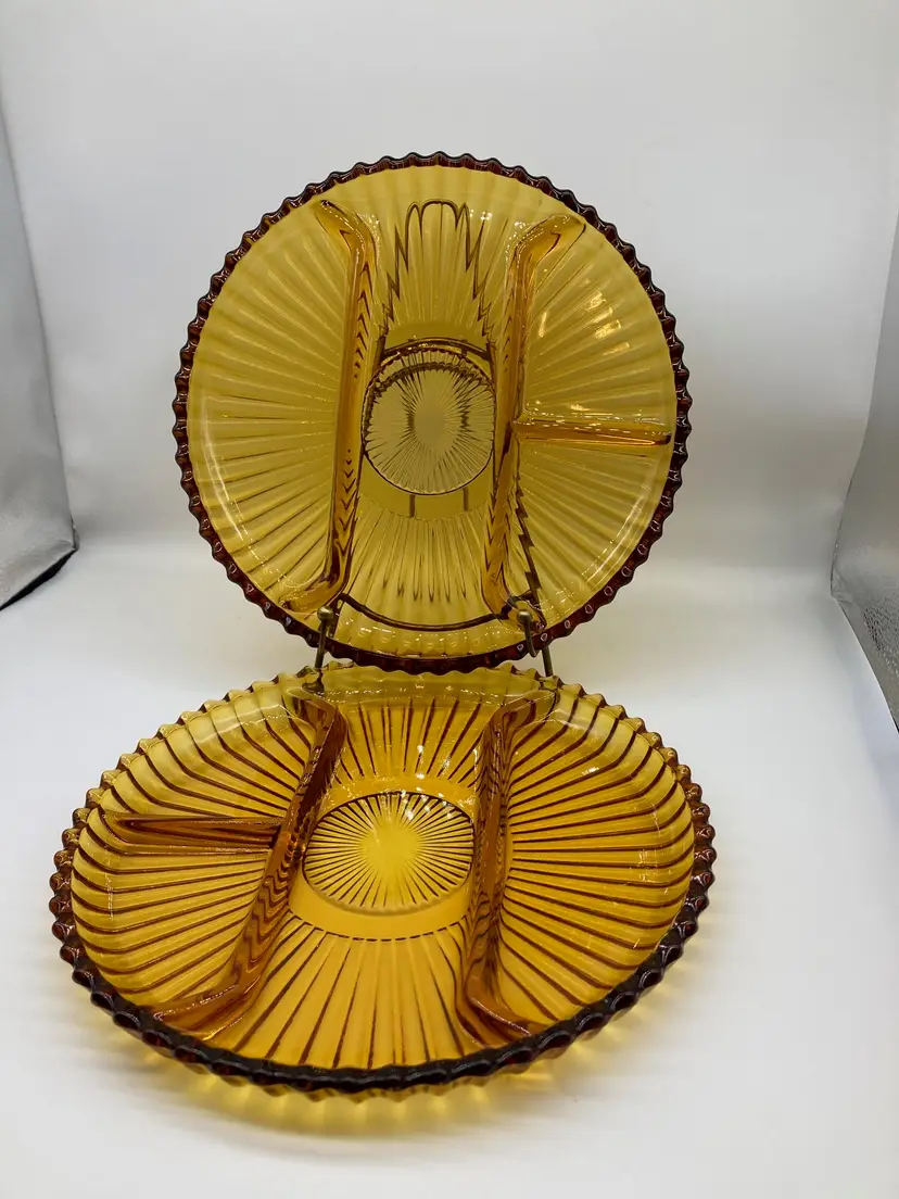 2 Indiana Glass Amber Ribbed Divided 10" Relish Trays Platter Vintage