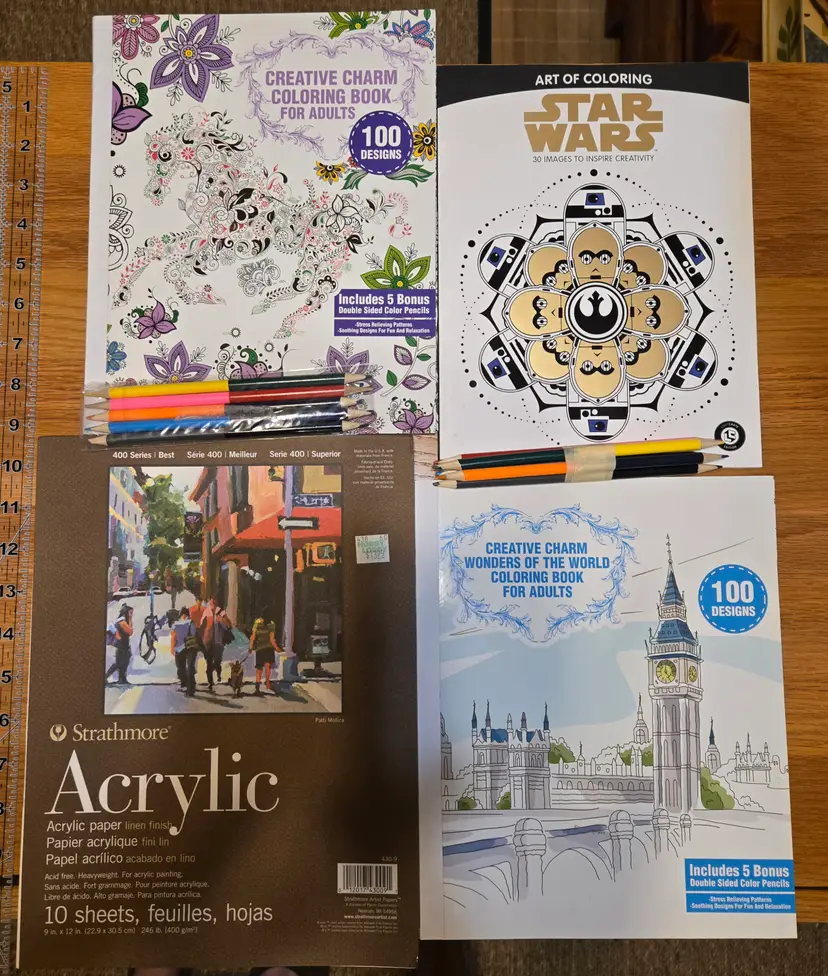 Adult Coloring Book Lot + Strathmore Acrylic Paper – Creative Charm (2), Star Wars, Bonus Pencils