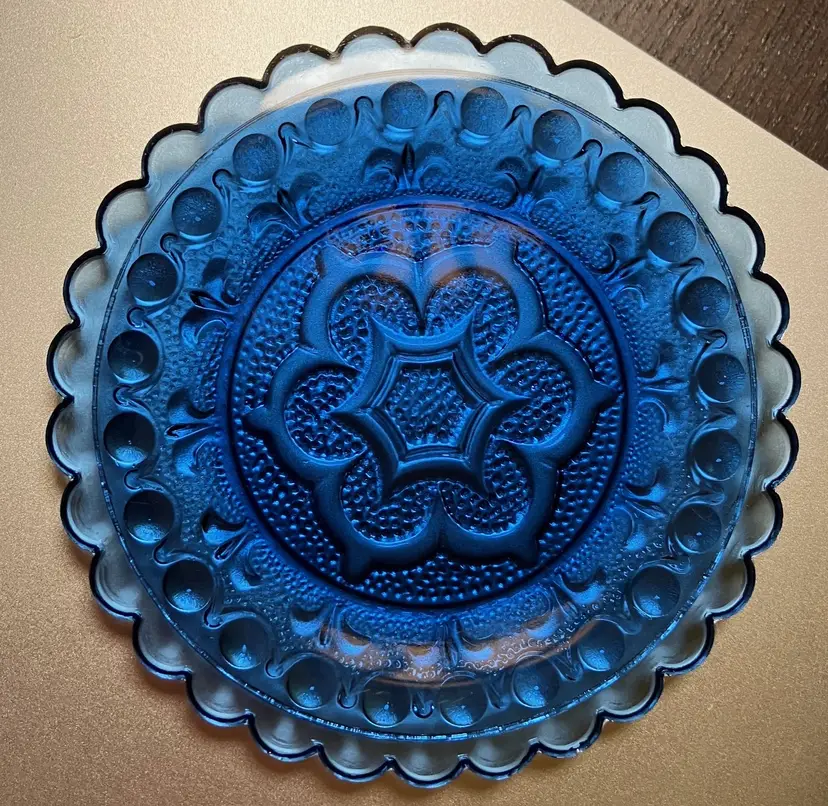 VTG Blue Glass Coaster Scalloped Raised Design on Bottom