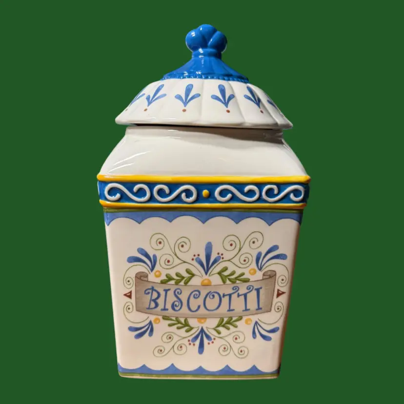 LILLIAN VERNON Ceramic Biscotti Cookie Jar Canister, Country Tuscan Design, READ