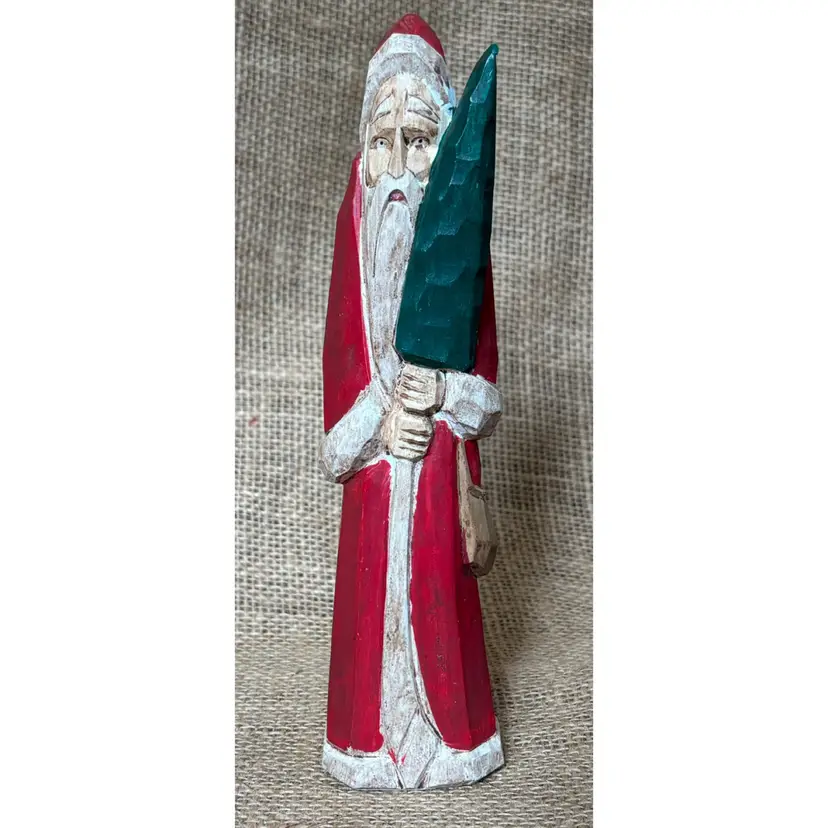 Tall Wood Santa Clause Holding Tree Figure Figurine Folk Art Farmhouse Rustic