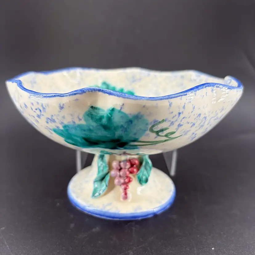Vintage Italian Majolica Footed Pedestal Bowl W/applied Grapes