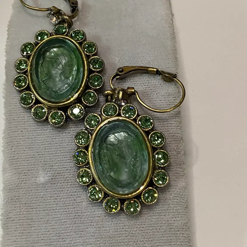 Sweet Romance Green Intaglio Cameo Rhinestone Antiqued Gold Tone Safety Back Hook Earrings 2”