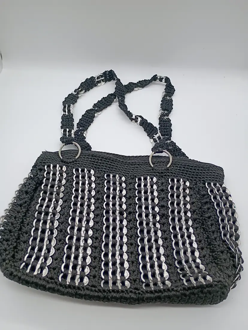 Recycled Aluminum Soda Pop Tab Crocheted Shoulder Bag Purse Silver & Black Boho.