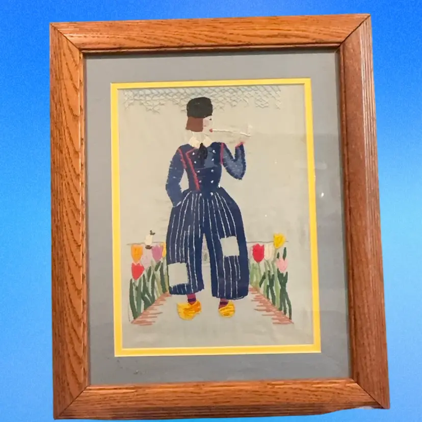 Hanging Embroidered Dutchboy Circa 1930's  Professionally Mounted In Wood Frame