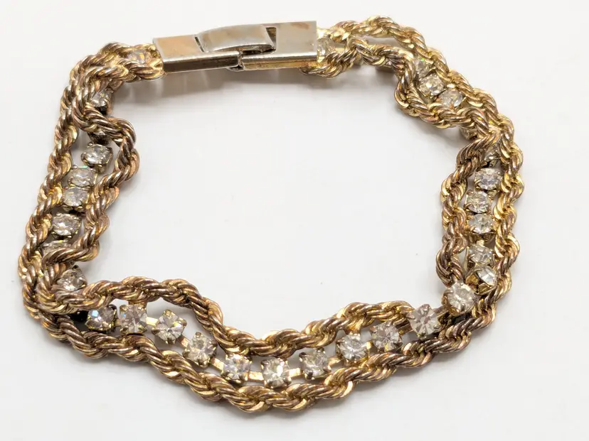 Vintage Gold Tone Rhinestone Double Chain Bracelet
