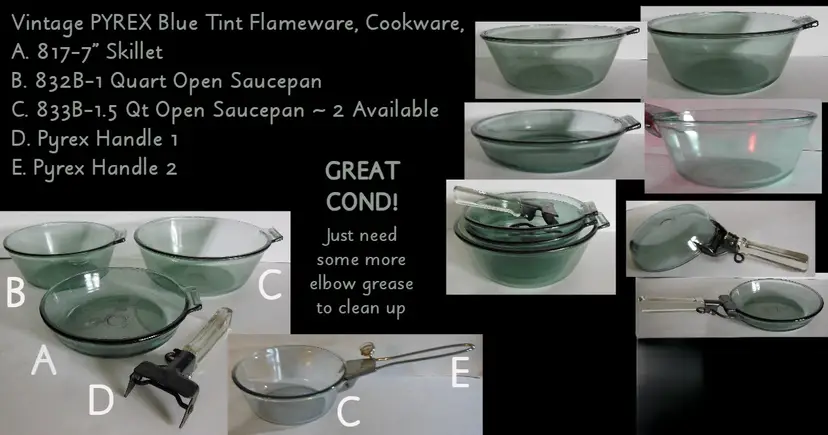 Vintage Pyrex Flameware 4-Piece Cookware Set (3 Vessels + Removable Handle) – Blue-Tinted Glass