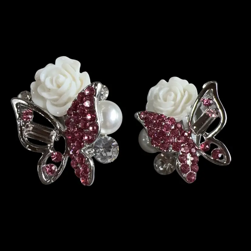 Vintage Pink Rhinestone Butterfly Clip Earrings