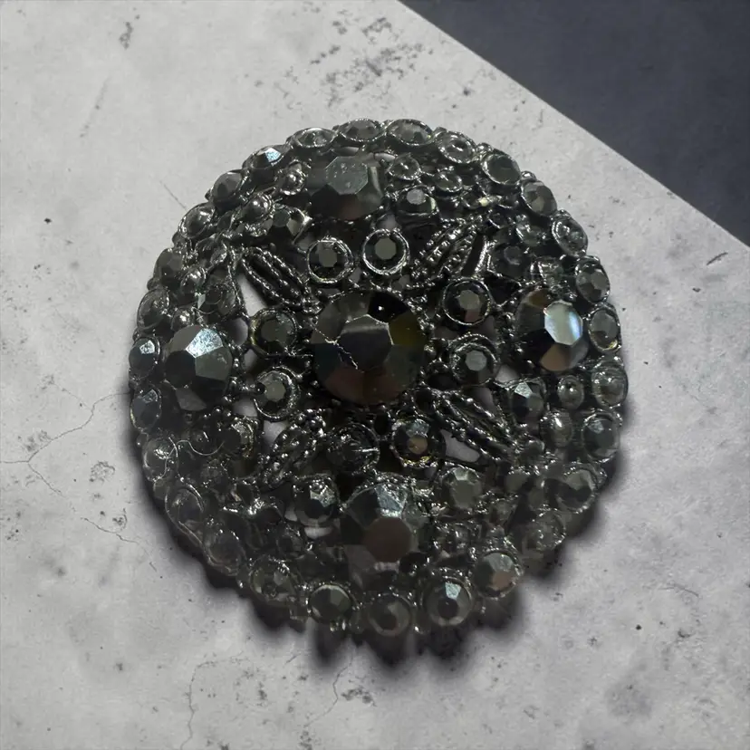 Black Rhinestone Japaned Black Enamel Brooch