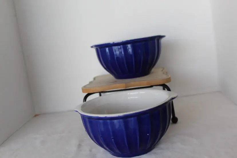 2 Cobalt Blue Mixing Serving Bowls Ribbed Handcrafted in Portugal 6” Wide