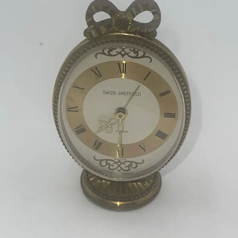 Swiza Sheffield (Swiss) Brass Case Alarm Clock With Bow 4” Works