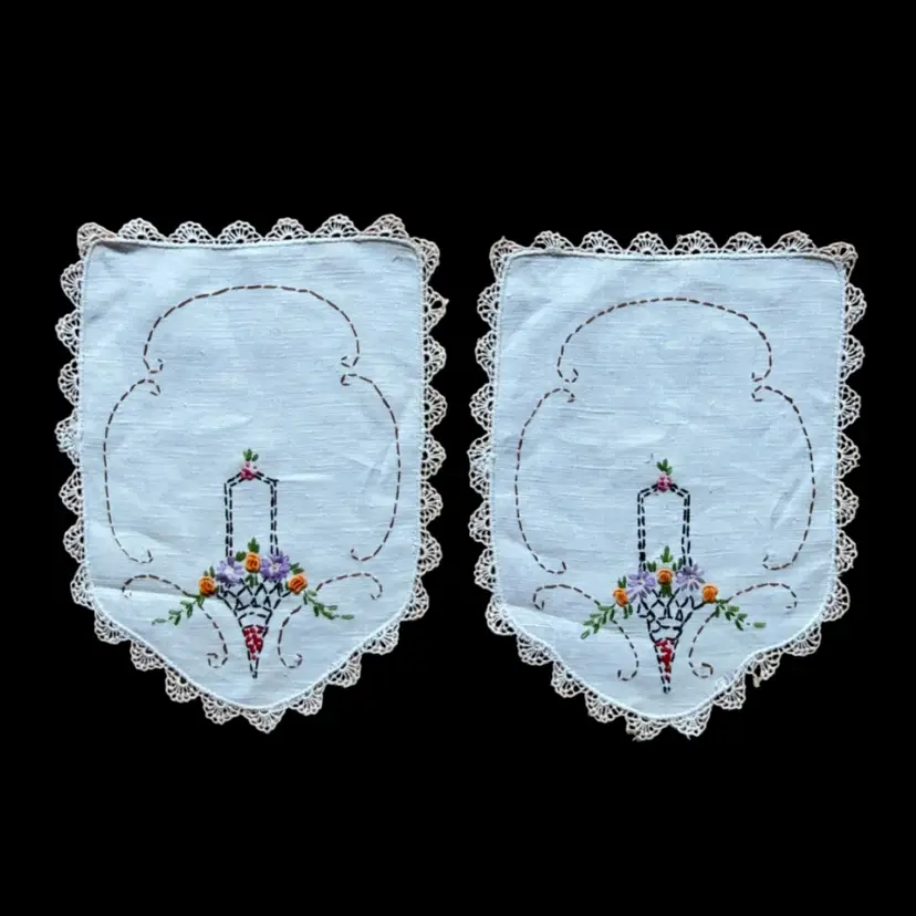 Vintage Lot (2) Matching Embroidered Linen Nightstand Dresser Scarfs Floral Hanging Baskets 11.5”x 9”