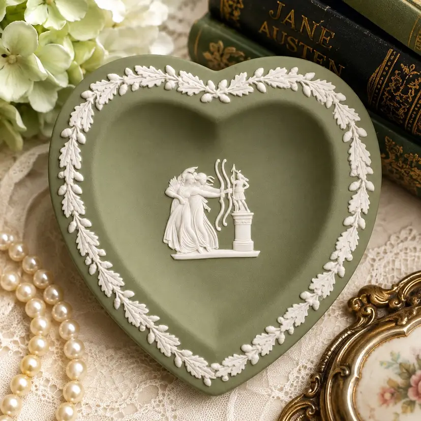 Vintage Wedgwood Green Jasperware Heart Trinket Dish – Classical Archer – Made in England