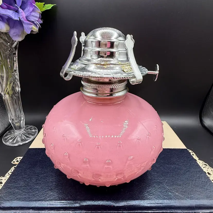 🐞Vtg LampLight Farms Pink Glass Hobnail Kerosene Oil Lamp Font & Burner Base 4.5”