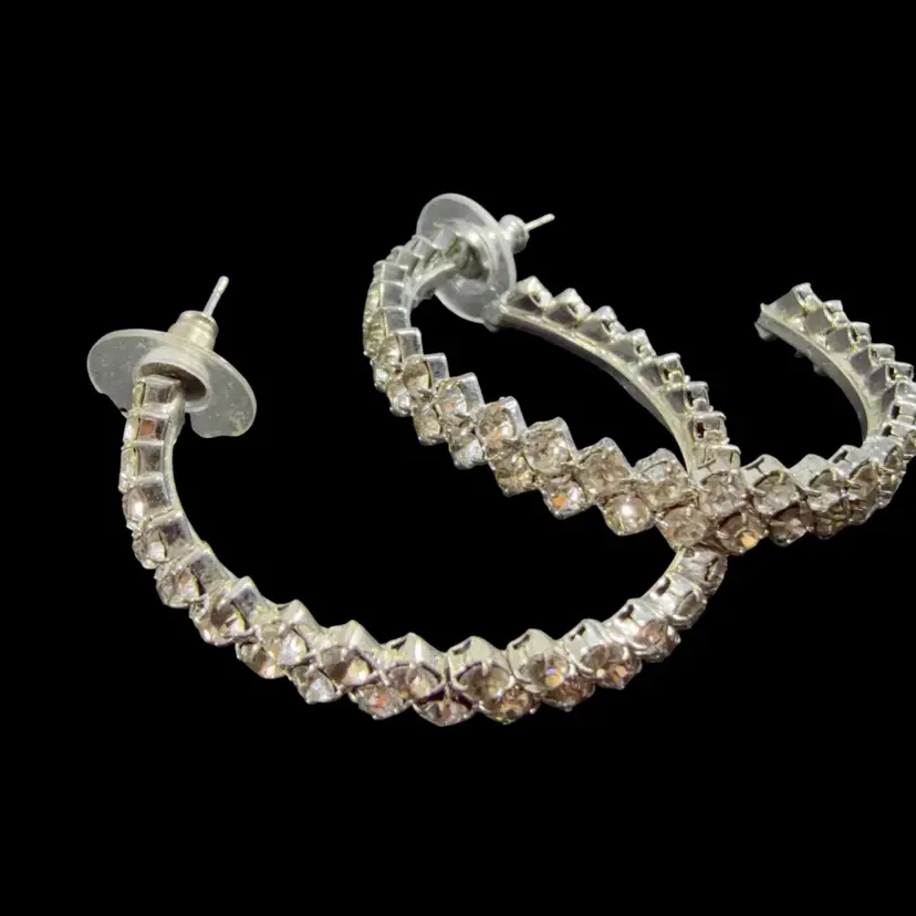 Silver-tone Channel-set Rhinestone Medium 2” Hoop Earrings with Post Backing