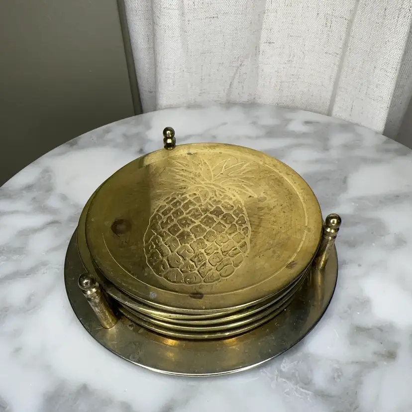 🔔 Vintage Brass Pineapple Coaster Set With 5 Coasters And Holder