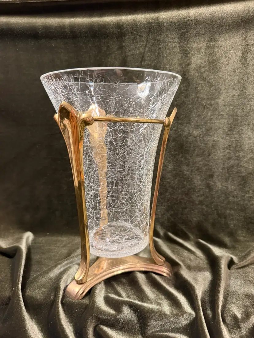Vintage Clear Crackle Glass Trumpet Vase with Solid Brass Art Nouveau Tripod Stand – Mid-Century / Hollywood Regency Decor