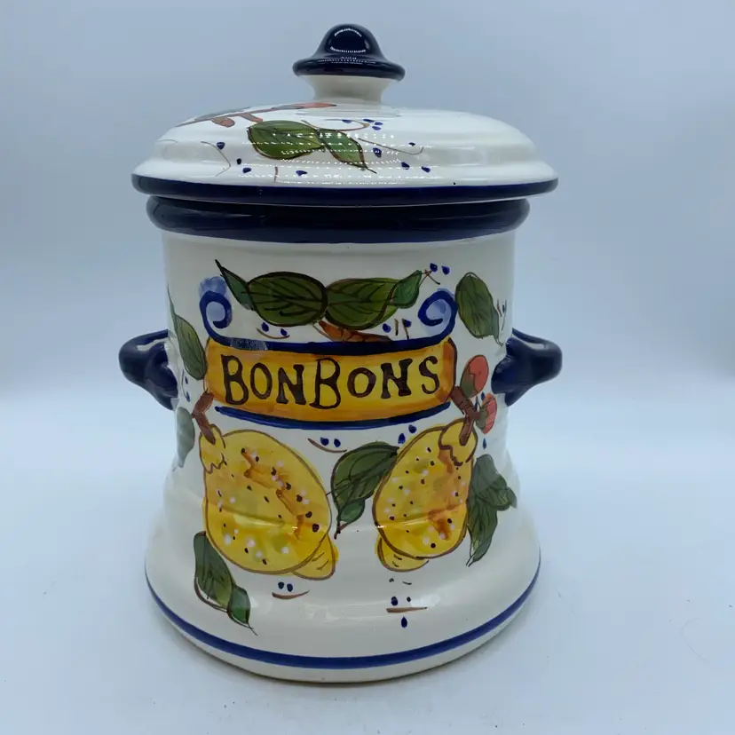 #4830 Vintage "Chino" fine pottery "bonbons" jar with hand-painted lemon motif.