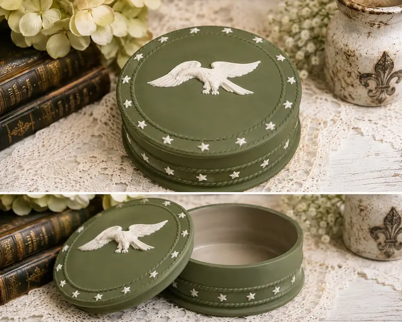 Vintage Italian Green Bisque Porcelain Eagle & Stars Trinket Box – 4”