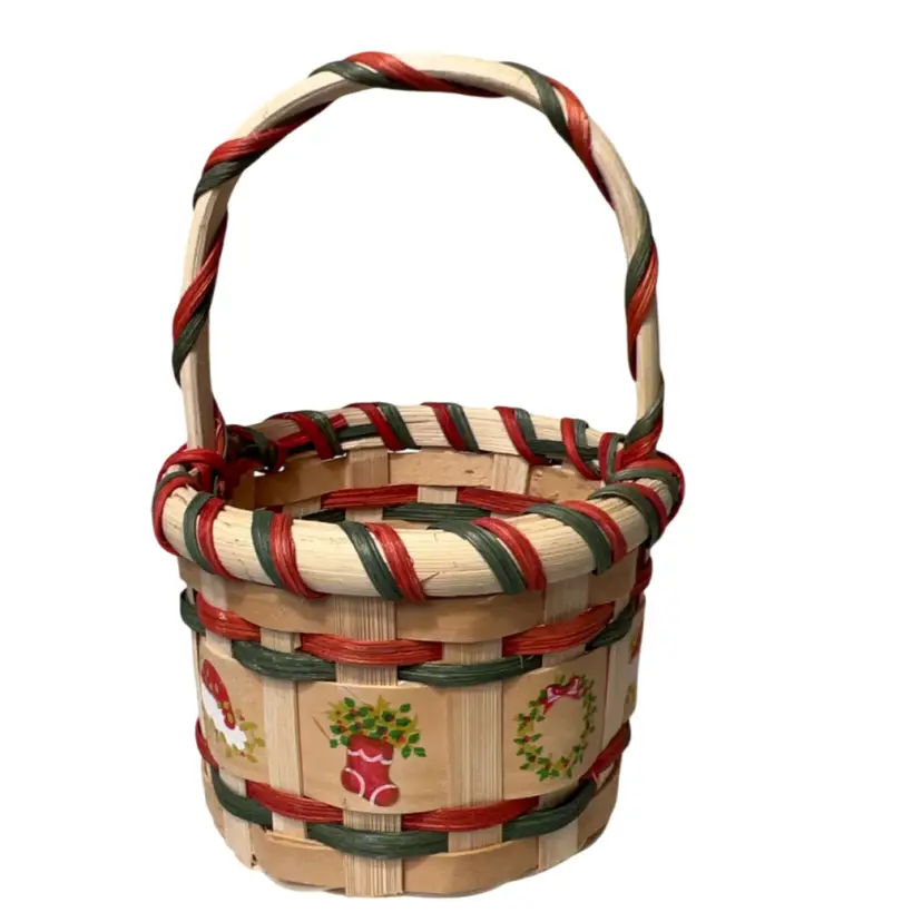 Mini Woven Handle Basket Christmas Stamps And Colors 7.5”