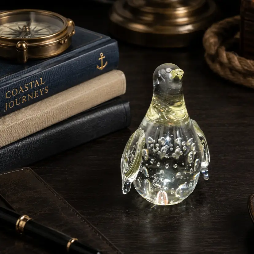 Vintage Clear Glass with Yellow Tint Penguin  Paperweight