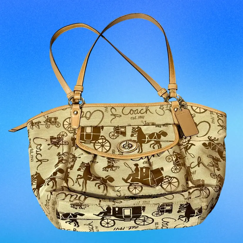 KK — Coach Horse and Carriage Jacquard Beige Canvas Shoulder Bag