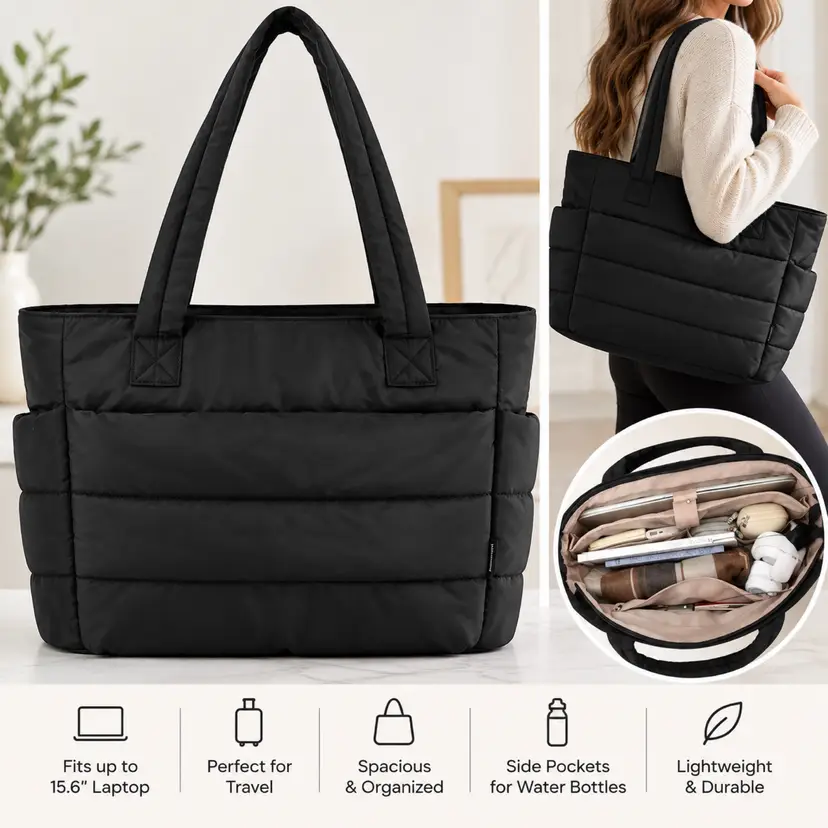 Bagsmart Travel Lightweight, Quilted Puffer Tote Laptop, Luggage Sleeve New With Tags Black