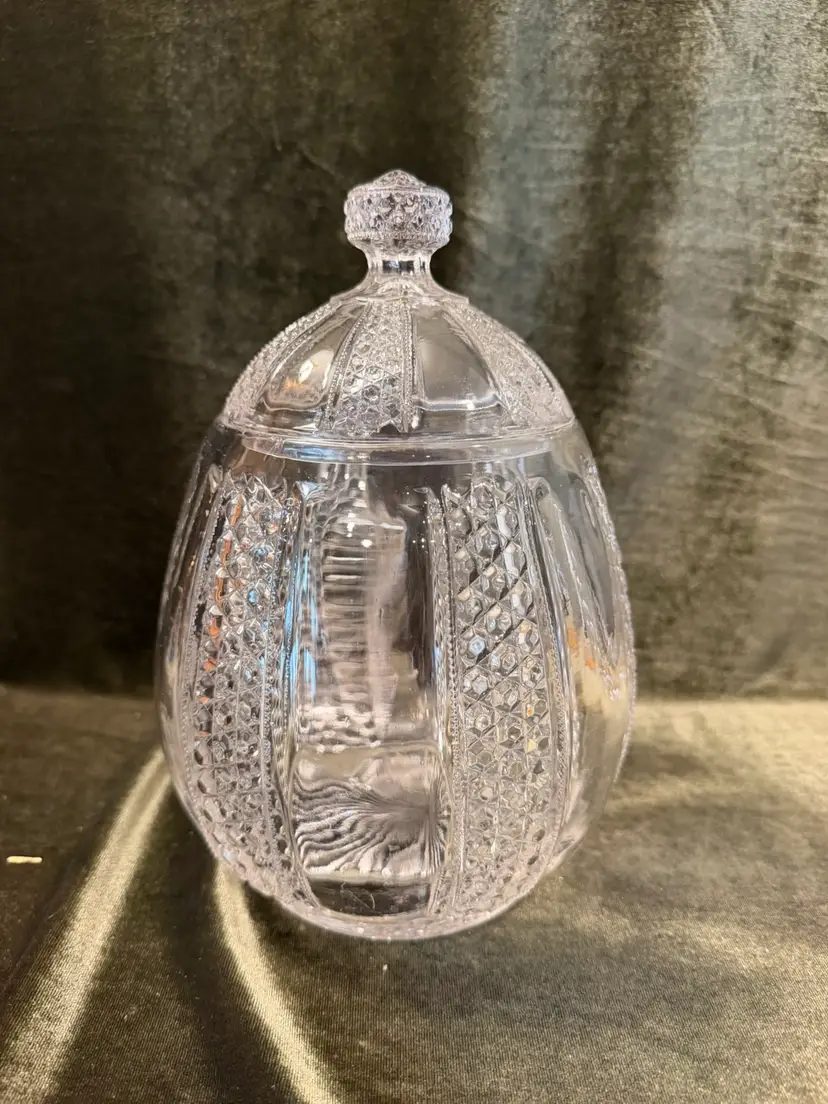 Antique EAPG Covered Biscuit Jar – Victorian Paneled Diamond & Cane Pattern, Circa 1890s