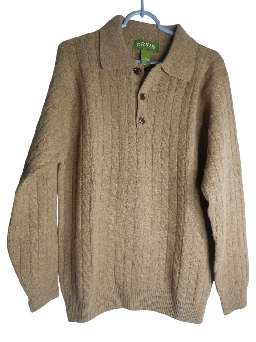 VTG NWT Orvis Henley Cable Knit Polo Sweater Men’s Sz M lambswool cashmere blend