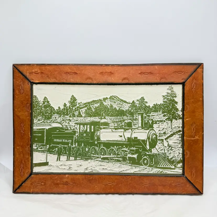 Vintage 1970s Colorado Midland Railway Foil Art Print – Hand Tooled Leather Frame