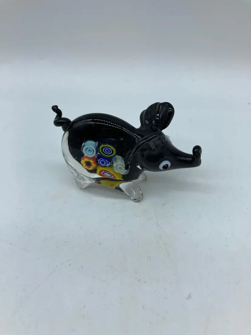 Millefiori Blown Art Glass Pig with Applied Details Figurine Approx 2” Tall Mini