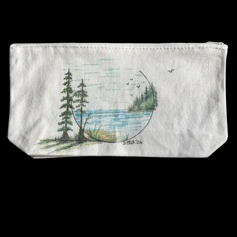 “With in PNW ” Watercolor Original  Zippered Pouch With A COASTAL Theme.  Waxed 10 1/2”x 5”x 2”