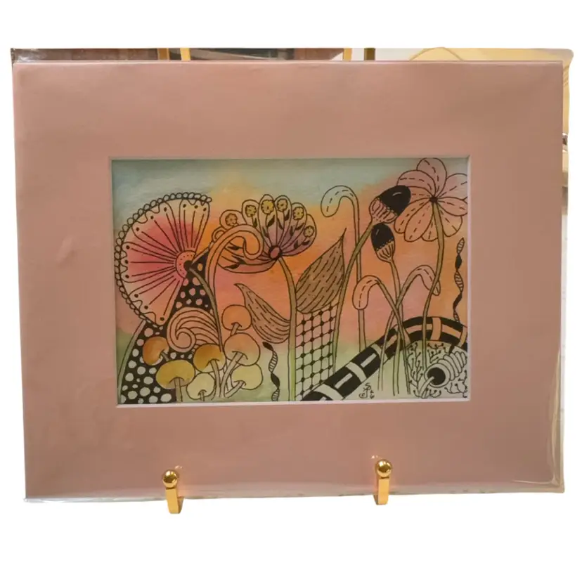 Original Watercolor Doodle Garden 5 X 7” In 8 X 10” Pink Matte