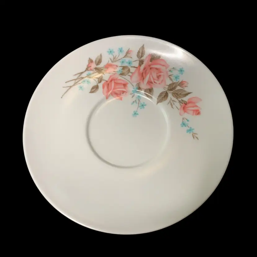 35. Set (7) Vintage Boonton Melmac 6" Saucer Plates Pink Rose White Melamine MCM