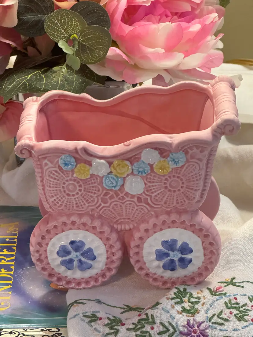 Napco Pink Baby Carriage Planter | Mid-Century Ceramic Nursery Decor