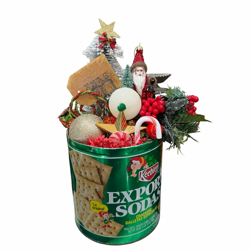 02 Upcycled Metal Tin Kepler Elf Christmas Assamblage 12”