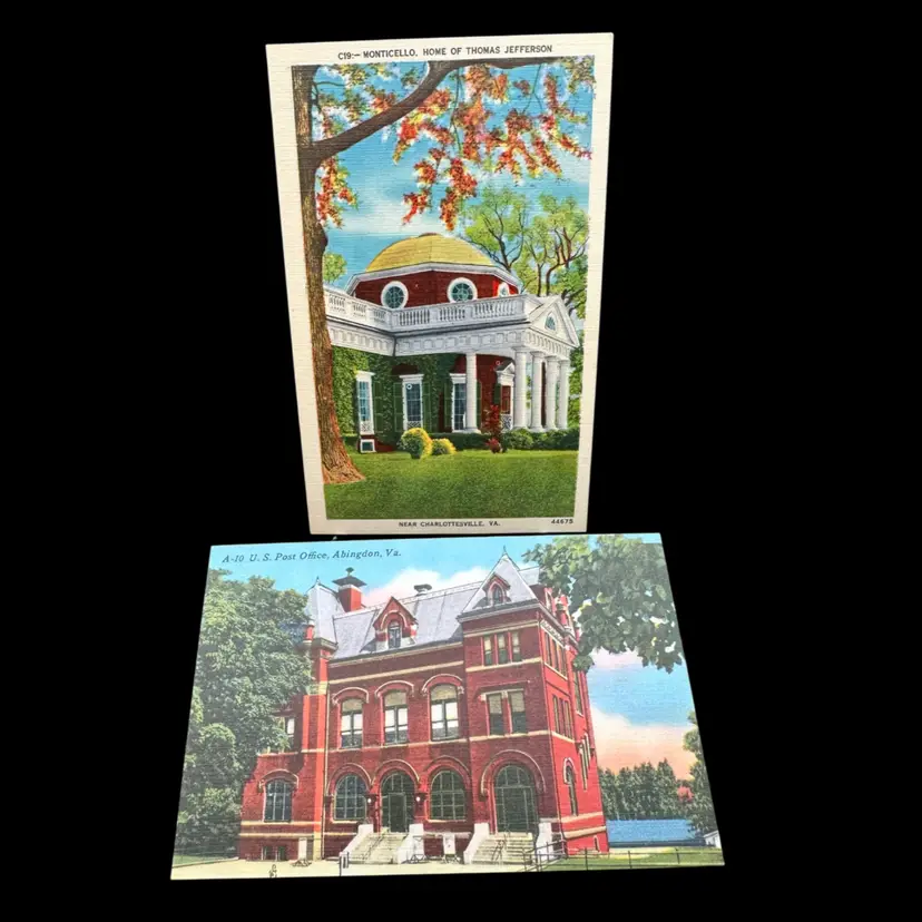 “Big Red Buildings” Pair Of Vintage Linen Postcards, Unused