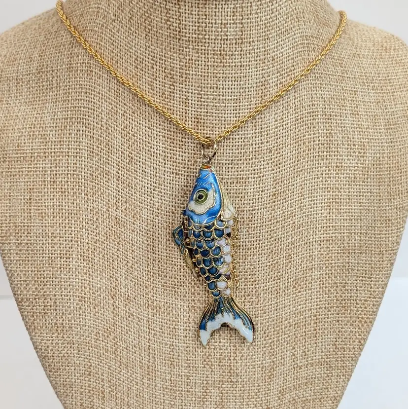Vintage Articulated Koi Fish Pendant w/ Blue Cloisonne Enamel 3" + 24" Necklace