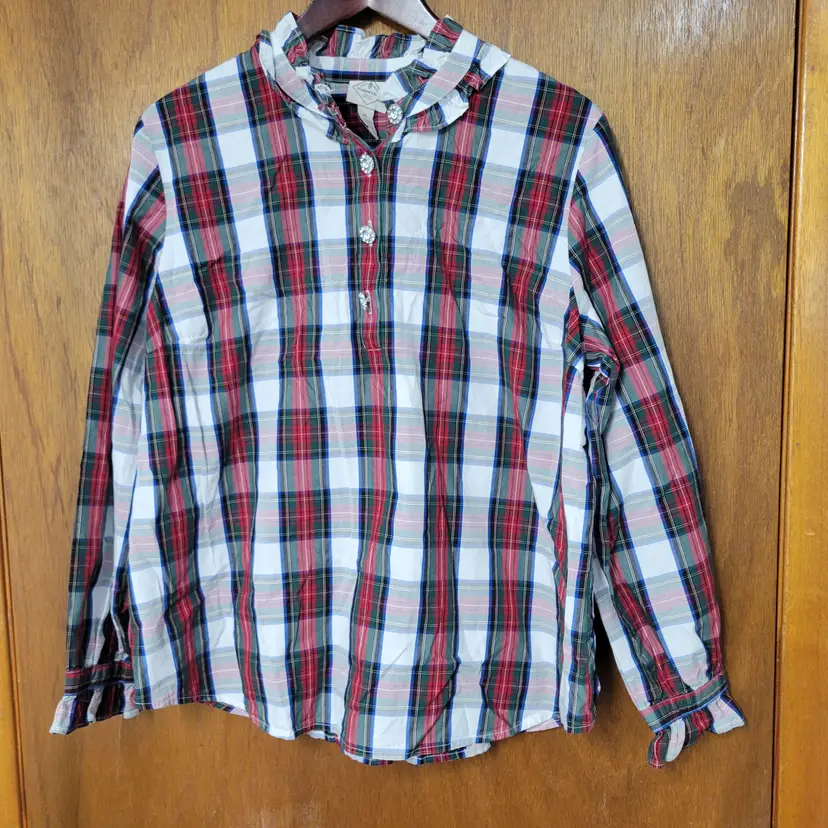 St Johns Bay Womens XL Plaid Ruffle Blouse Red Green Holiday Rhinestone Buttons