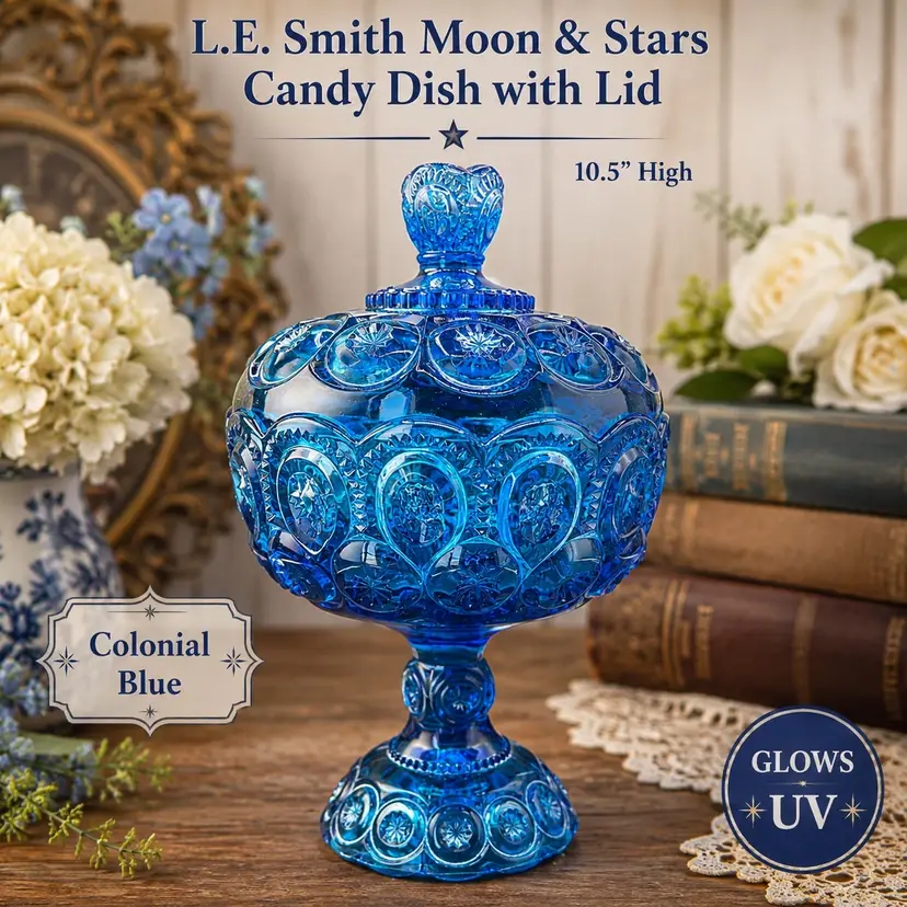 L.E. Smith Moon & Stars Covered Candy Dish Colonial Blue Pedestal Compote UV