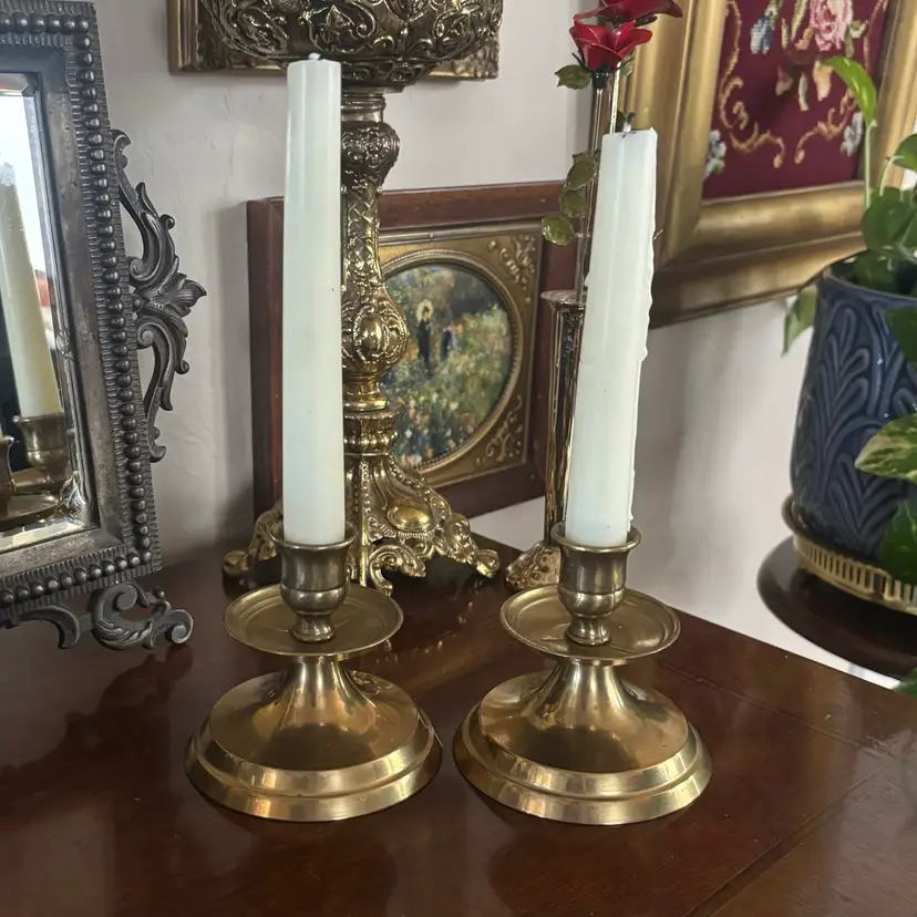 🐇Vintage Solid Brass Baluster Stem Round Base Candlestick Pair