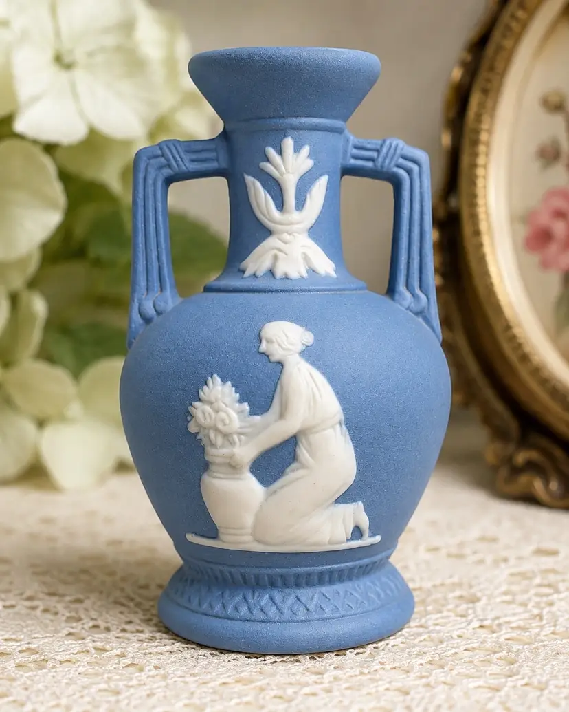 Vintage Japan Blue & White Jasperware Style Miniature Amphora Vase – Classical Relief – 3.5”
