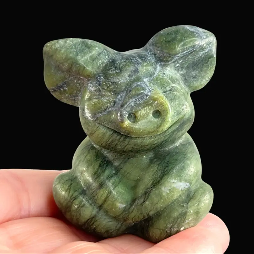 Jade Happy Pig Carved Miniature Figurine- Crystal Stone