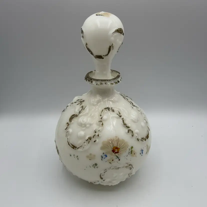 Antique Turn Of The Century Victorian Painted Milk Glass Barber Decanter AS IS