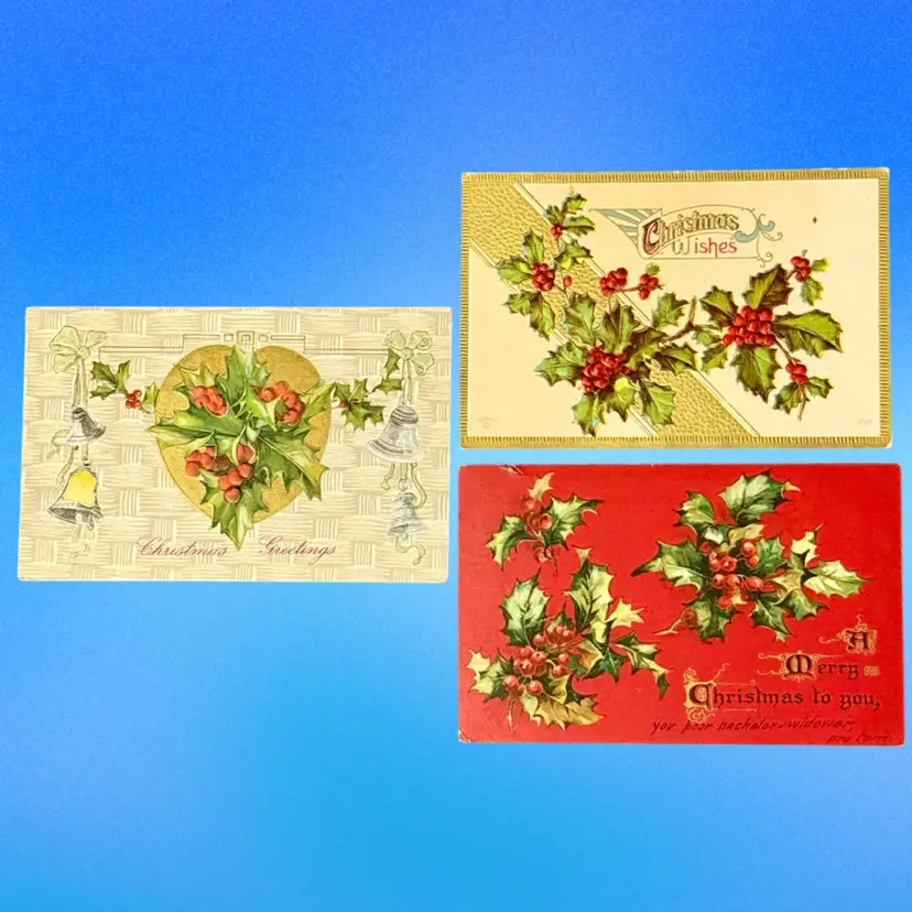 #1 Fancy Christmas Holly Lot/3 Antique Ornate Christmas Holly DB Postcards, 1 Unused
